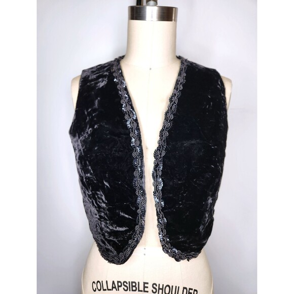 Vintage Black VELVET Vest Cropped by ARTBRO Black Velvet Bolero Vest Sequined XS - Picture 3 of 10